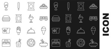 Çubuklu pilav, dondurma külahı, suşi kesme tahtası, patates cipsi, hamburger, tavuk budu ve ikon. Vektör