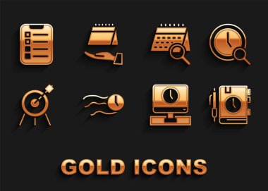 Saati ayarla, büyüteçle birlikte büyüteç, günlük not defteri, monitör saati, hedef sporu, takvim araması, liste planlama ve simge yapma. Vektör