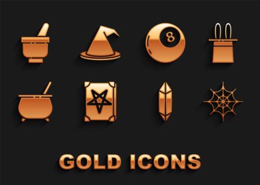 Set Ancient magic book, Magician hat and rabbit ears, Spider web, stone, Witch cauldron, ball of predictions, mortar pestle and  icon. Vector