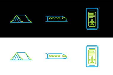 Elektronik uçuş kartı, turist çadırı ve tren ikonu olan akıllı telefon hattı kur. Vektör
