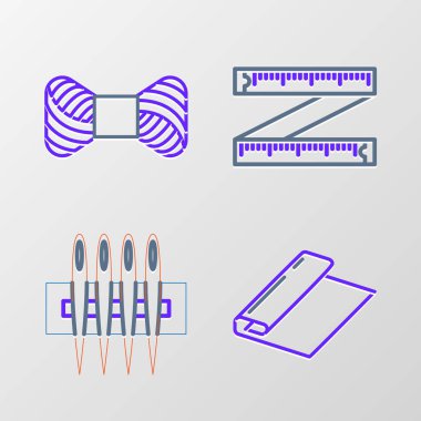Tekstil kumaş rulosu, dikiş iğnesi, bant ölçüsü ve dikiş ipliğini makara simgesine yerleştir. Vektör