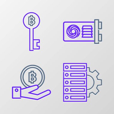 Set line Server and gear, Hand holding Bitcoin, Mining farm and Cryptocurrency key icon. Vector