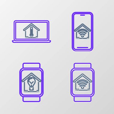 Akıllı saat, akıllı ev, kablosuz ağ, ev ve ampul, cep telefonu ve dizüstü bilgisayar sıcaklığı ikonu. Vektör