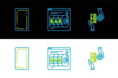 Kumarhane çipleri bir yığın dolarla değiş tokuş yapar, kart oyunu oynar ve online kumar makinesi simgesi oluşturur. Vektör