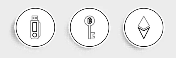 Set Line Kryptowährungsmünze Ethereum Eth Usb Stick Und Bitcoin Schlüsselsymbol — Stockvektor