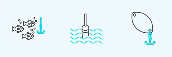 Set Line Fishing Spoon Hook Water Fish Float Icon Vector — 图库矢量图片