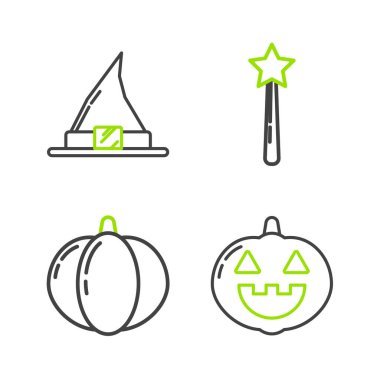 Set hattı, Balkabağı, Sihirli değnek ve Cadı şapkası ikonu. Vektör