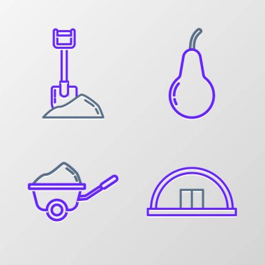 Hangar, toprak kaplı el arabası, toprak ikonunda armut ve kürek. Vektör