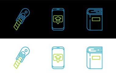 Satır Defteri, Kırtasiye bıçağı ve mezuniyet başlığı ekranı akıllı telefon simgesi. Vektör