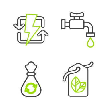 Set line Tag with leaf symbol, Garbage bag recycle, Water tap and Recharging icon. Vector