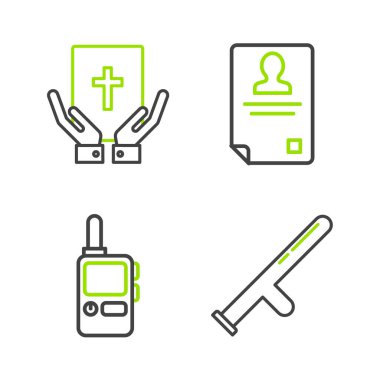 Polis kauçuk copu, telsiz, kimlik kartı ve kutsal İncil ikonu. Vektör