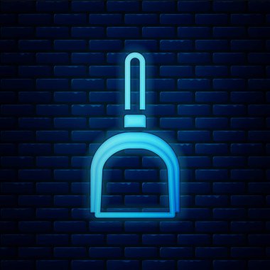 Parlayan neon faraş simgesi tuğla duvar arkasında izole edilmiş. Temizlik işleri. Vektör.