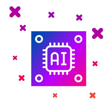 Beyaz arkaplanda izole edilmiş mikro devre işlemci simgesine sahip renkli bilgisayar işlemcisi. Devre kartı işaretli çip ya da işlemci. Mikro işlemci. Kademeli rastgele dinamik şekiller. Vektör.