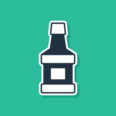 Mavi viski şişesi simgesi yeşil arka planda izole edilmiş. Vektör.