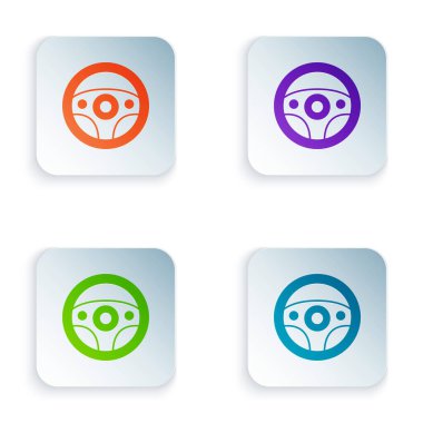 Renkli direksiyon simgesi beyaz arkaplanda izole edildi. Araba tekeri ikonu. Kare düğmelere renkli simgeleri yerleştir. Vektör.