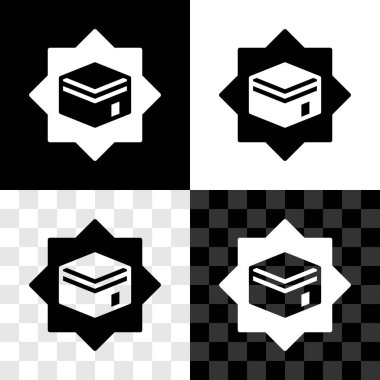 Kabe cami simgesini siyah beyaz, şeffaf arkaplanda izole et. Kabe 'deki hac ibadeti Ramazan-ı İslam camii. Vektör.