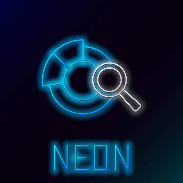 Glowing Neon Line Magnifying Glass Data Analysis Icon Isolated Black — 스톡 벡터