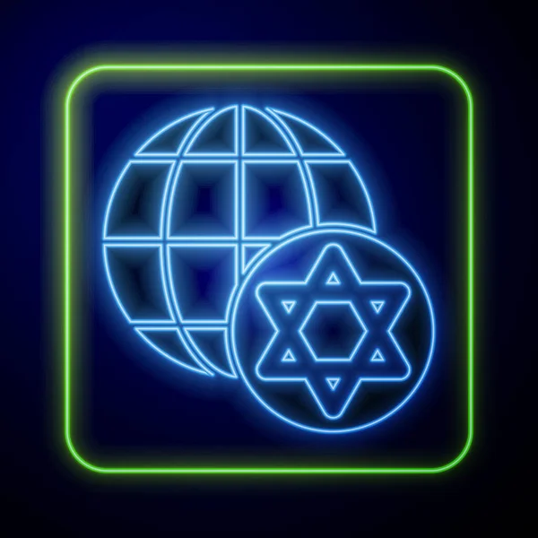 Glowing Neon World Globe Israel Icon Isolated Blue Background Vector — Wektor stockowy