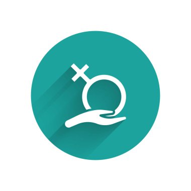 Beyaz kadın cinsiyet sembolü uzun gölgeli bir sembol. Venüs sembolü. Bir kadın ya da organizmanın sembolü. Yeşil daire düğmesi. Vektör.