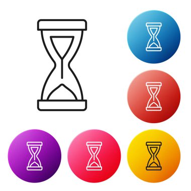 Siyah çizgi Beyaz zemin üzerinde kum ikonu akan eski kum saati. Kum saati işareti. İş ve zaman yönetimi kavramı. Renkli daire düğmelerini ayarlayın. Vektör.