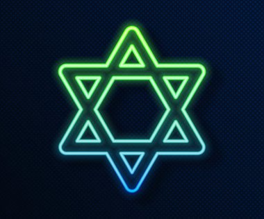 Parlayan neon hattı David 'in Yıldızı simgesi mavi arkaplanda izole edildi. Yahudi dini sembolü. İsrail 'in sembolü. Vektör.