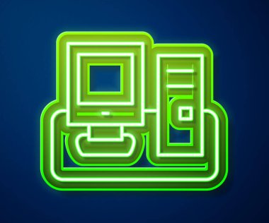 Mavi arkaplanda klavye ve fare simgesi izole edilmiş parlak neon hattı bilgisayar monitörü. Bilgisayar bileşeni işareti. Vektör.