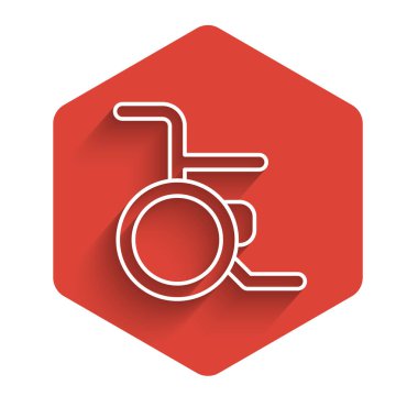 Özürlü kişi simgesi için uzun gölgeli beyaz çizgi tekerlekli sandalye. Kırmızı altıgen düğmesi. Vektör.