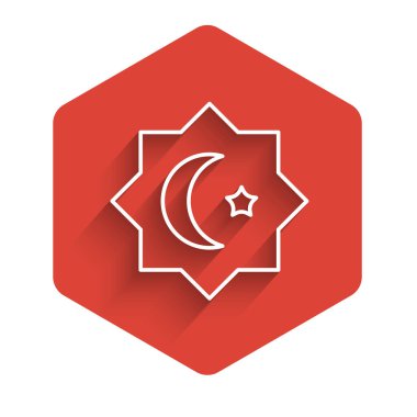 Beyaz çizgi İslami sekizgen yıldız süsleme simgesi uzun gölge arkaplan izole. Kırmızı altıgen düğmesi. Vektör.
