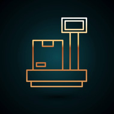 Koyu mavi arka planda izole edilmiş karton kutu simgesiyle altın çizgili ölçek. Lojistik ve teslimat. Dağıtım paketinin ağırlığı bir ölçekte. Vektör.