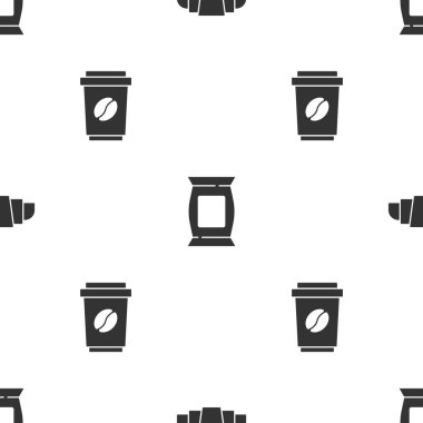 Kruvasan, Poşet ya da patates cipsi ve kahve fincanlarını kusursuz bir şekilde hazırla. Vektör.