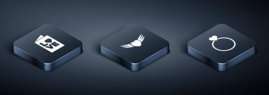 Isometric Sevgililer Günü partisi ilanı, alyanslar ve kanatlı kalp. Vektör.