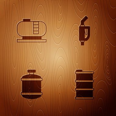Set Barrel oil, Oil tank storage, Propane gas and Gasoline pump nozzle on wooden background. Vector.