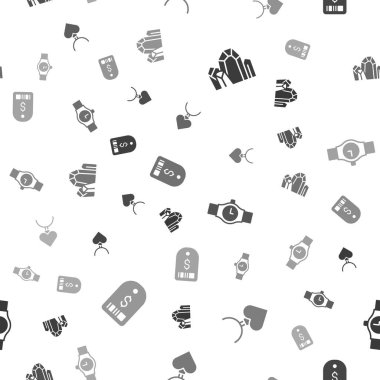 Mücevher taşı, kalp şeklinde kolye, bilek saati ve kusursuz desenli fiyat etiketi. Vektör.