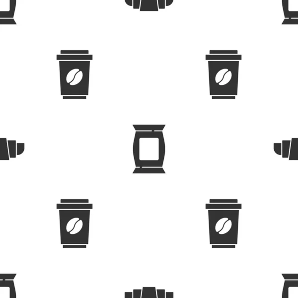 Set Croissant Bag Packet Potato Chips Coffee Cup Seamless Pattern — Stockvektor