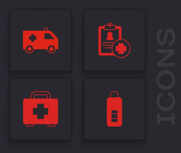 Set Digitale Thermometer Ambulance Auto Patiënt Record Ehbo Kit Icoon — Stockvector
