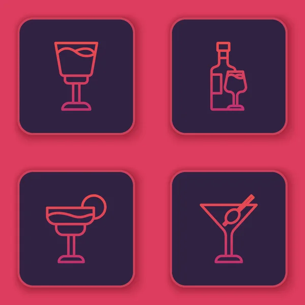 Set Line Wine Glass Cocktail Bottle Martini Blue Square Button — Image vectorielle