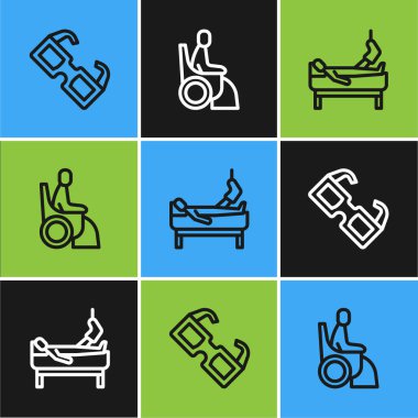 Set line Eyeglasses, Patient with broken leg and Woman in wheelchair icon. Vector.