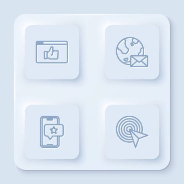 Müşteri sayısını ayarla. Postalı Dünya küresi, mobil inceleme ve hedef. Beyaz kare düğme. Vektör.