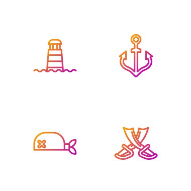 Çizgiyi aşan korsan kılıçları, kafa için korsan bandanası, Deniz feneri ve Anchor. Renk simgeleri. Vektör.