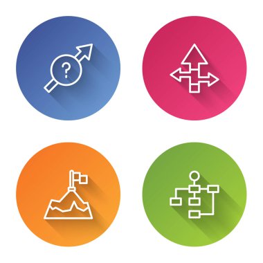 Sıra Arrow, bayrağı olan dağlar ve hiyerarşi organizogramı. Renkli daire düğmesi. Vektör.