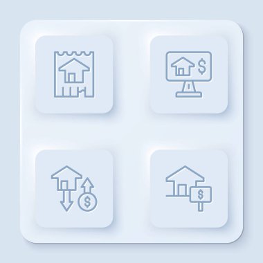 House Online şirketine dolar ve gayrimenkul ayarla. Beyaz kare düğme. Vektör.