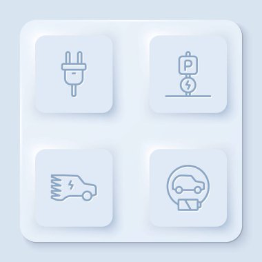 Elektrikli fişe takılı park elektrikli araba ayarlayın. Beyaz kare düğme. Vektör.