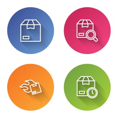 Karton karton kutu arama paketini ve karton saati ayarla. Renkli daire düğmesi. Vektör.