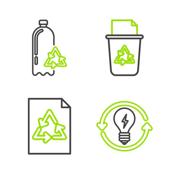 Set Lijn Recycle Gloeilamp Met Bliksem Symbool Papier Recyclen Prullenbak — Stockvector