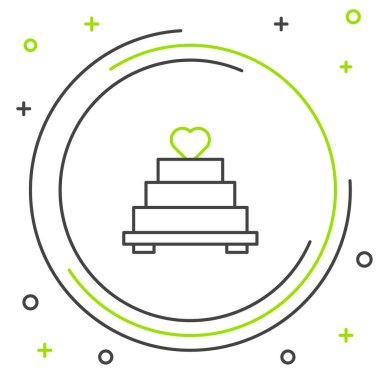 Beyaz arka planda kalp ikonu olan çizgi düğün pastası. Renkli taslak konsepti. Vektör.