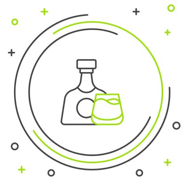 Çizgi viski şişesi ve cam ikon beyaz arka planda izole edilmiş. Renkli taslak konsepti. Vektör.