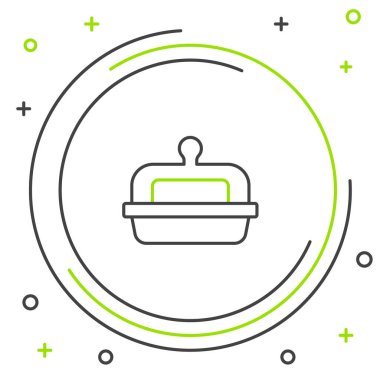 Beyaz arkaplanda izole edilmiş tereyağı kabı simgesindeki çizgi yağı. Tereyağlı tuğla tabakta. Süt bazlı ürün. Doğal süt ürünü. Renkli taslak konsepti. Vektör.