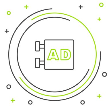 Satır Reklam simgesi beyaz arkaplanda izole edildi. Pazarlama ve tanıtım süreci kavramı. İlgili reklamlar. Sosyal medya reklamcılığı. Renkli taslak konsepti. Vektör.