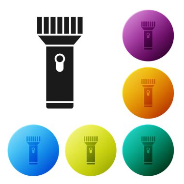 Beyaz arkaplanda izole edilmiş dalgıç simgesi için siyah el feneri. Su altı ekipmanları. Simgeleri renk daire düğmelerine ayarla. Vektör.