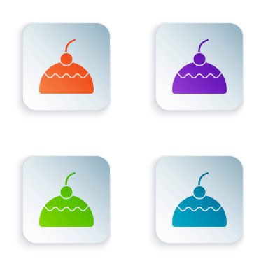 Renkli Kek simgesi beyaz arkaplanda izole edildi. Doğum günün kutlu olsun. Kare düğmelere renkli simgeleri yerleştir. Vektör.